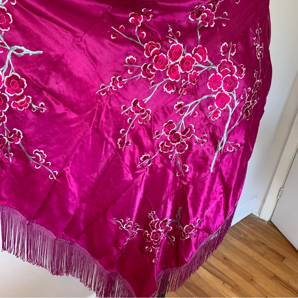 Vintage Satin Shawl Fuchsia Cherry Branches Blossoms